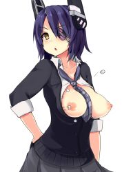 Rule 34 | 10s, 1girl, bad id, bad pixiv id, breasts, bursting breasts, chestnut mouth, collar, eyepatch, hand on own hip, kantai collection, large breasts, nipples, ocha (ochappie), personification, pleated skirt, popped button, purple hair, skirt, solo, tenryuu (kancolle), wardrobe malfunction, yellow eyes