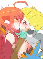 Rule 34 | 2girls, absurdres, ahoge, animal ears, bare shoulders, bird ears, blonde hair, blue feathers, blush, breasts, brown tank top, clothes lift, coco (eogks), feathers, french kiss, green hair, harpy, heart, heart-shaped pupils, highres, kiss, large breasts, long hair, mako (eogks), monster girl, multicolored hair, multiple girls, nipple stimulation, nipple tweak, nn (eogks), open mouth, orange feathers, original, red feathers, red hair, saliva, shirt lift, symbol-shaped pupils, tank top, two-tone hair, two-tone wings, very long hair, white background, winged arms, wings, yuri