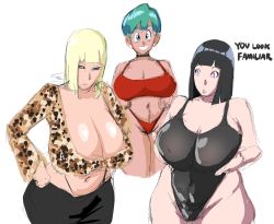 Rule 34 | 3girls, black hair, blonde hair, blue eyes, blunt bangs, bob cut, boruto: naruto next generations, breasts, choker, cigarette, cleavage, clenched teeth, covered navel, cowboy shot, crossover, dragon ball, dragonball z, english text, female focus, grabbing own breast, green hair, happy, highres, huge breasts, hyuuga hinata, large breasts, legs, looking at another, looking at viewer, looking to the side, mature female, medium hair, midriff, multiple girls, naruto (series), naruto shippuuden, naruto shippuuden, navel, one-piece swimsuit, panties, purple eyes, samui (naruto), simple background, skirt, smile, smoking, standing, swimsuit, teeth, thick thighs, thighs, ultivlad, underwear, white background, wide hips