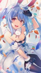 Rule 34 | 1girl, animal ear fluff, animal ears, arm garter, arm up, bare shoulders, black gloves, black leotard, black pantyhose, blue hair, blush, braid, breasts, carrot, carrot hair ornament, chihiro ayaka, cleavage, commentary, confetti, don-chan (usada pekora), dress, food-themed hair ornament, from above, fur-trimmed dress, fur-trimmed gloves, fur scarf, fur trim, gloves, hair ornament, hair ribbon, highres, hololive, leotard, light blue hair, long hair, looking at viewer, milestone celebration, motion blur, multicolored hair, open mouth, pantyhose, pekomon (usada pekora), pom pom (clothes), rabbit ears, red eyes, ribbon, sitting, small breasts, smile, solo, strapless, strapless dress, symbol-shaped pupils, thick eyebrows, thigh strap, tress ribbon, twin braids, twintails, two-tone hair, usada pekora, usada pekora (1st costume), virtual youtuber, white dress, white hair, white ribbon