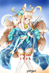 Rule 34 | 1girl, absurdres, animal ears, azur lane, bare shoulders, bell, blue background, blue kimono, boots, breasts, cowboy shot, flower, fox ears, fox tail, gradient background, hair between eyes, hair flower, hair ornament, highres, holding, holding sword, holding weapon, huge filesize, japanese clothes, jingle bell, katana, kimono, kulayueyue, light particles, long hair, long sleeves, looking at viewer, medium breasts, multiple tails, niizuki (azur lane), sheath, short kimono, shouji, sliding doors, smile, solo, standing, sword, tail, thick eyebrows, thigh boots, thighhighs, twitter username, unsheathed, weapon, white thighhighs, wide sleeves, yellow background