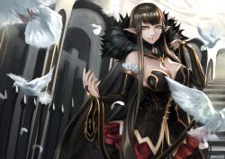 Rule 34 | 1girl, absurdly long hair, bare shoulders, bird, black dress, black hair, breasts, bridal gauntlets, cleavage, closed mouth, commentary request, detached sleeves, dove, dress, fate/apocrypha, fate/grand order, fate (series), fur trim, highres, large breasts, long dress, long hair, looking at viewer, peperon (peperou), pointy ears, semiramis (fate), slit pupils, smile, solo, spikes, stairs, standing, very long hair, yellow eyes