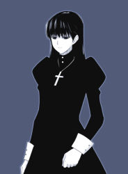 Rule 34 | 00s, 1girl, alternate costume, alternate hairstyle, black lagoon, blue theme, cross, cross necklace, dress, goth fashion, jewelry, long hair, monochrome, necklace, roberta (black lagoon), serious, simple background, solo, sugar (sugarless)