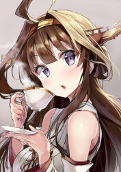 Rule 34 | 10s, 1girl, ahoge, bare shoulders, brown hair, cup, detached sleeves, double bun, hairband, headgear, japanese clothes, kakao rantan, kantai collection, kongou (kancolle), long hair, looking at viewer, nontraditional miko, open mouth, purple eyes, ribbon-trimmed sleeves, ribbon trim, saucer, solo, tea, teacup