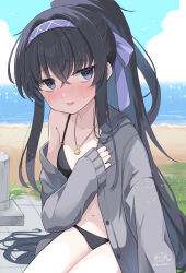 Rule 34 | 1girl, bags under eyes, beach, bikini, bikini under clothes, black bikini, black hair, blue archive, blue hairband, blue sky, breasts, cloud, commentary request, day, grey jacket, hairband, hand up, highres, horizon, jacket, long hair, long sleeves, masshirokachi, navel, o-ring, o-ring bikini, o-ring top, ocean, official alternate costume, open clothes, open jacket, outdoors, parted lips, ponytail, puffy long sleeves, puffy sleeves, sand, signature, sky, sleeves past wrists, small breasts, solo, swimsuit, twitter username, ui (blue archive), ui (swimsuit) (blue archive), very long hair, water, wavy mouth