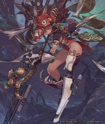 Rule 34 | 1girl, absurdres, arm tattoo, armor, bandages, blue eyes, bone, chimney, claws, closed mouth, cloud, crack, cutting, dark-skinned female, dark skin, dusk, english text, greaves, highres, holding, holding polearm, holding spear, holding weapon, house, jewelry, jikan hakushaku, leg tattoo, mask, moon, polearm, prosthesis, short hair, sky, smoke, solo, spear, star (sky), tan, tattoo, teeth, traditional clothes, vambraces, weapon, windmill