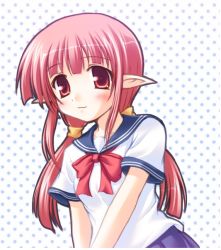 Rule 34 | 00s, 1girl, dungeon and fighter, female focus, long hair, mage (dungeon and fighter), pink hair, pointy ears, red eyes, school uniform, skirt, solo, twintails, uniform, upper body, white background