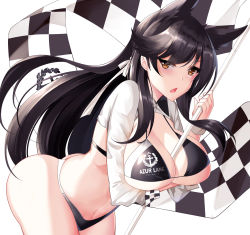 Rule 34 | animal ears, arm under breasts, ass, atago (azur lane), atago (stunning speedster) (azur lane), azur lane, bent over, between breasts, bikini, black bikini, black hair, breasts, checkered flag, cleavage, cowboy shot, eyes visible through hair, flag, highres, holding, holding flag, large breasts, long hair, long sleeves, looking at viewer, mole, mole under eye, navel, open mouth, ribbon, shirt, simple background, solo, stomach, swept bangs, swimsuit, thighs, white background, white ribbon, white shirt, yan lie, yellow eyes