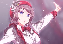 Rule 34 | 1girl, :o, absurdres, arm up, bad id, bad pixiv id, beret, blue eyes, bow, bowtie, gamjolno, genki zenkai day! day! day!, grey hair, hat, highres, long sleeves, looking at viewer, love live!, love live! sunshine!!, outstretched arm, plaid, plaid bow, plaid bowtie, plaid neckwear, red hat, shirt, short hair, solo, suspenders, upper body, watanabe you, white shirt