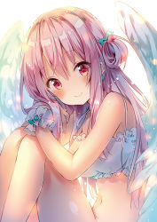 Rule 34 | 1girl, bare legs, bare shoulders, blush, breasts, closed mouth, feathered wings, frills, from side, hair between eyes, hair bun, hair ribbon, knees up, light particles, long hair, looking at viewer, medium breasts, navel, original, pink hair, red eyes, ribbon, rihanna stia, riichu, side bun, simple background, single hair bun, single side bun, sitting, smile, solo, spaghetti strap, stomach, strap gap, white background, white wings, wings, wrist cuffs