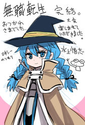 Rule 34 | 1girl, blue eyes, blue hair, braid, cape, hat, mizukami satoshi, mushoku tensei, robe, roxy migurdia, solo, twin braids, wizard hat