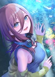 Rule 34 | 1girl, :d, aibon, aquarium, bare shoulders, blue eyes, blue tank top, breasts, brown hair, commentary request, go-toubun no hanayome, green jacket, hair between eyes, headphones, headphones around neck, highres, jacket, large breasts, long hair, long sleeves, looking at viewer, nakano miku, off shoulder, open clothes, open jacket, open mouth, pointing, ribbed tank top, smile, solo, tank top, upper body