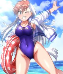 Rule 34 | 1girl, absurdres, blue eyes, blue one-piece swimsuit, blue sky, breasts, cloud, collarbone, commentary request, commission, competition swimsuit, covered navel, cowboy shot, day, ghost sweeper mikami, grin, highres, horizon, innertube, inuzuka shiro, jacket, large breasts, letterman jacket, looking at viewer, multicolored clothes, multicolored hair, multicolored jacket, ocean, one-piece swimsuit, outdoors, pixiv commission, polka dot innertube, red hair, sky, smile, solo, swim ring, swimsuit, two-tone hair, two-tone jacket, white hair, zanntetu