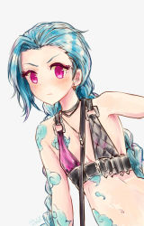 Rule 34 | 1girl, absurdly long hair, absurdres, arm strap, arm tattoo, bare shoulders, bikini, bikini top only, blush, braid, breasts, bullet, bullet necklace, highres, jewelry, jinx (league of legends), league of legends, long hair, necklace, pink eyes, small breasts, solo, stomach tattoo, swimsuit, tattoo, twin braids, very long hair