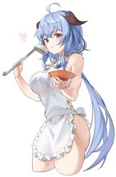 Rule 34 | 1girl, absurdres, ahoge, apron, ass, blue hair, blush, bowl, breasts, ganyu (genshin impact), genshin impact, highres, horns, ladle, long hair, looking at viewer, low ponytail, medium breasts, nagul, naked apron, nearly naked apron, purple eyes, sidelocks, smile, solo, white background