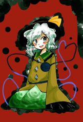 Rule 34 | 1girl, :d, arms at sides, black hat, blouse, blush, bright pupils, buttons, commentary, diamond button, frilled shirt collar, frilled sleeves, frills, full body, green eyes, green skirt, hat, hat ribbon, heart, heart of string, highres, kneeling, komaku juushoku, komeiji koishi, long sleeves, looking at viewer, open mouth, red background, ribbon, shirt, short hair, simple background, skirt, sleeves past fingers, sleeves past wrists, smile, solo, teeth, third eye, touhou, wavy hair, white pupils, wide sleeves, yellow ribbon, yellow shirt