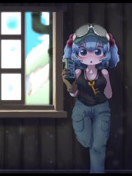 Rule 34 | 1girl, :o, arm behind back, bare shoulders, blue eyes, blue hair, blush, can, collarbone, day, denim, foot out of frame, goggles, goggles on head, hair bobbles, hair ornament, hat, highres, holding, indoors, kawashiro nitori, key, letterboxed, looking at viewer, onaji (sokudo seigen), open mouth, pants, shirt, short hair, sky, solo, standing, standing on one leg, tank top, touhou, two side up, window
