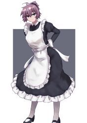 Rule 34 | 1girl, absurdres, alternate costume, aoba (kancolle), apron, arms behind back, black dress, black scrunchie, dress, full body, green eyes, hair ornament, hair scrunchie, highres, ikadamo, kantai collection, leaning forward, looking at viewer, maid, mary janes, messy hair, ponytail, purple hair, scrunchie, shoes, socks, solo, square, two-tone background, white apron, white socks
