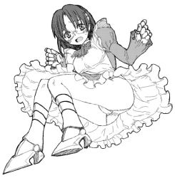 Rule 34 | 1girl, aiko (renkin san-kyuu magical pokaan), apron, ascot, ass, blush, boots, dress, frilled dress, frills, glasses, greyscale, joints, juliet sleeves, lace, lace-trimmed panties, lace trim, long sleeves, monochrome, panties, pantyshot, puffy sleeves, renkin san-kyuu magical pokaan, ribbon, robot joints, satou atsuki, short hair, solo, underwear
