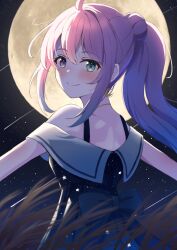 Rule 34 | 1girl, akagawashake, blue dress, blush, crescent, crescent earrings, dress, earrings, green eyes, heterochromia, highres, himemori luna, himemori luna (sundress), hololive, jewelry, long hair, looking at viewer, looking back, moon, official alternate costume, pink hair, ponytail, purple eyes, sky, smile, solo, star (sky), starry sky, starry sky print, virtual youtuber
