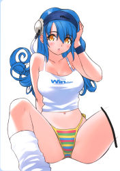 Rule 34 | 1girl, bare shoulders, blue hair, blush, breasts, curly hair, hand on own head, long hair, looking at viewer, multicolored clothes, multicolored panties, navel, os-tan, panties, parted lips, side-tie panties, sitting, socks, solo, spread legs, tank top, underwear, winchan, wristband, yellow eyes, yoshizaki mine