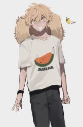 Rule 34 | 1boy, black pants, blonde hair, chin strap, collarbone, commentary request, cowboy shot, food, freckles, fruit, grey background, grin, guu (guu8), hat, highres, lemon, looking at viewer, male focus, original, pants, romaji text, shirt, short hair, short sleeves, simple background, smile, solo, straw hat, sun hat, t-shirt, very short hair, watch, watermelon, watermelon slice, white shirt, wristwatch, yellow eyes
