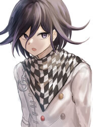 Rule 34 | 1boy, :o, black hair, buttons, checkered clothes, checkered scarf, danganronpa (series), danganronpa v3: killing harmony, double-breasted, flipped hair, hair between eyes, highres, iwano (iwanohiroko), jacket, long sleeves, looking at viewer, male focus, oma kokichi, open mouth, purple eyes, purple hair, scarf, solo, upper body, white jacket