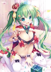 Rule 34 | 1girl, :d, aqua eyes, bed, bed sheet, black bow, black thighhighs, bow, bra, breasts, cameltoe, cape, cat hair ornament, cleavage, cleft of venus, confetti, crown, curtains, frilled thighhighs, frills, fur-trimmed cape, fur trim, gift, green hair, hair ornament, hair ribbon, hairclip, highres, indoors, lace, lace-trimmed bra, lace trim, large breasts, long hair, looking at viewer, melonbooks, mikeou, navel, non-web source, open mouth, original, pillow, pink bra, red bow, red cape, ribbon, sitting, smile, solo, thighhighs, twintails, underwear, very long hair, wariza, watermark, white thighhighs, window, wristband