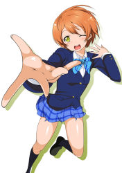 Rule 34 | 10s, 1girl, blue bow, blue bowtie, bow, bowtie, foreshortening, hoshizora rin, long sleeves, love live!, love live! school idol project, one eye closed, open mouth, orange hair, school uniform, shoes, short hair, simple background, skirt, solo, striped bow, striped bowtie, striped clothes, striped neckwear, taigi akira, yellow eyes