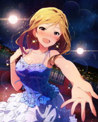 Rule 34 | 10s, 1girl, :d, blush, bracelet, breasts, brown hair, cleavage, earrings, idolmaster, idolmaster million live!, jewelry, kawakami tetsuya, long hair, looking at viewer, momose rio, musical note, night, official art, open mouth, outstretched arm, outstretched hand, purple eyes, shiny skin, smile