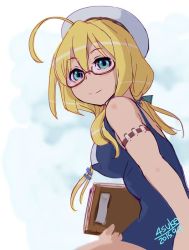 Rule 34 | 10s, 1girl, 2015, 4suke, ahoge, aqua eyes, artist name, blonde hair, book, breasts, covered erect nipples, dated, female focus, glasses, gradient background, hair ribbon, holding, holding book, i-8 (kancolle), kantai collection, large breasts, long hair, low twintails, name tag, one-piece swimsuit, red-framed eyewear, ribbon, school swimsuit, semi-rimless eyewear, sky, solo, swimsuit, twintails, under-rim eyewear