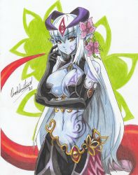 Rule 34 | 1girl, 2021, alipheese fateburn xvi, breast tattoo, breasts, cleavage, colored skin, facial tattoo, flower, gloves, hair flower, hair ornament, highres, horns, lamia, large breasts, long hair, looking at viewer, mon-musu quest!, monster girl, navel, pointy ears, purple skin, ravernclouk design, scales, silver hair, simple background, snake, solo, tail, tattoo, thinking, yellow eyes