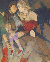 Rule 34 | 10s, 2boys, age difference, barnaby brooks jr., blonde hair, boots, brown eyes, brown hair, carrying, facial hair, father and daughter, glasses, green eyes, jacket, jewelry, kaburagi t. kotetsu, male focus, multiple boys, necklace, necktie, princess carry, red jacket, short hair, side ponytail, sleeping, striped clothes, striped legwear, striped thighhighs, stubble, thighhighs, tiger &amp; bunny, vest, yukasu
