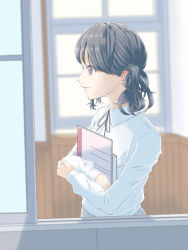 Rule 34 | 1girl, artist request, black hair, black ribbon, blurry, blurry background, book, hugging book, commentary request, from side, fukumaru koito, highres, holding, holding book, idolmaster, idolmaster shiny colors, medium hair, neck ribbon, notebook, hugging object, purple eyes, ribbon, school uniform, shirt, solo, twintails, upper body, white shirt, window