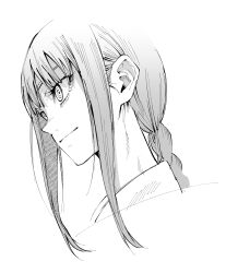 Rule 34 | 1girl, braid, braided ponytail, chainsaw man, close-up, commentary request, cropped shoulders, greyscale, highres, long hair, makima (chainsaw man), monochrome, ringed eyes, sidelocks, simple background, sketch, solo, vice (kuronekohadokoheiku)