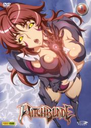 Rule 34 | 00s, 1girl, amaha masane, armor, bikini armor, black sclera, blade, bodysuit, breasts, claws, cleavage, colored sclera, headband, highres, huge breasts, large breasts, long hair, open mouth, piercing, red hair, solo, tongue piercing, very long hair, witchblade, yellow eyes