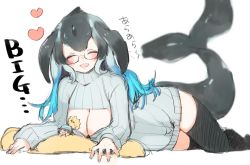 Rule 34 | 2girls, :d, ^ ^, ara ara, black hair, black legwear, blowhole, blue hair, blue nails, blue whale (kemono friends), blush, breasts, cetacean tail, chibi, cleavage cutout, closed eyes, clothing cutout, commentary, dress, facing viewer, fins, fish tail, glasses, gradient hair, grey hair, heart, ichi 0w0, kemono friends, kemono friends 3, large breasts, long hair, long sleeves, lying, mini person, minigirl, multicolored hair, multiple girls, nail polish, open mouth, ribbed sweater, simple background, sketch, sleeves past wrists, smile, solo focus, sweater, sweater dress, tail, thighhighs, turtleneck, turtleneck sweater, white background, white sweater, xo, zettai ryouiki