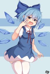 Rule 34 | 1girl, arm up, blue dress, blue eyes, blue hair, blue ribbon, blush, breasts, child, cirno, collared shirt, dress, fang, floorbear, hair between eyes, hair ribbon, highres, ice, ice wings, looking at viewer, open mouth, pinafore dress, puffy short sleeves, puffy sleeves, red neckwear, red ribbon, ribbon, shirt, short hair, short sleeves, signature, skin fang, sleeveless dress, small breasts, solo, thighs, touhou, white legwear, white shirt, wings