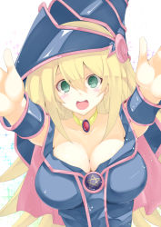 Rule 34 | 1girl, bare shoulders, blonde hair, blush, breasts, choker, cleavage, dark magician girl, detached sleeves, duel monster, female focus, green eyes, hat, highres, hijiki meshi, large breasts, long hair, looking at viewer, open mouth, pentacle, smile, solo, white background, wizard hat, yu-gi-oh!, yu-gi-oh! duel monsters