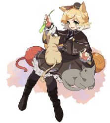 Rule 34 | 1girl, 6ndchan6, :d, animal, animal ear fluff, animal ears, animal on lap, animal on shoulder, arknights, black dress, black footwear, black hat, black jacket, black necktie, blonde hair, blush, boots, calico, cat, cat ears, cat on lap, cat tail, cat teaser, collared shirt, commentary request, dress, fang, flat chest, frilled dress, frills, full body, gradient hair, green eyes, hat, invisible chair, jacket, medium hair, mini hat, mousse (arknights), multicolored hair, multiple tails, necktie, on lap, open mouth, shirt, sitting, smile, solo, tail, two-tone hair, two tails, white background, white hair, white shirt, wing collar, yarn, yarn ball