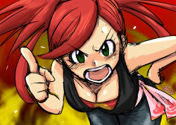 Rule 34 | 1girl, angry, bare arms, bare shoulders, belt, bent over, black pants, breasts, chouku tetsushitsuiwa, cleavage, cowboy shot, creatures (company), denim, eyelashes, flannery (pokemon), game freak, green eyes, gym leader, hand on own hip, hand up, jeans, large breasts, long hair, looking at viewer, nintendo, open mouth, pants, pink belt, pointing, pointing at viewer, pokemon, pokemon oras, red background, red hair, signature, solo, swept bangs, teeth, tongue, twitter username, v-shaped eyes, yellow background