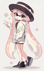 Rule 34 | 1girl, artist name, black footwear, black hat, black shorts, blunt bangs, boater hat, bow, dolphin shorts, drawstring, earrings, from side, full body, grey background, hand in pocket, hat, hat bow, heel up, hood, hood down, hoodie, inkling, inkling girl, inkling player character, jewelry, long hair, long sleeves, looking at viewer, maco spl, mask, nintendo, no legwear, parted lips, pink eyes, pink hair, pointy ears, shoes, short shorts, shorts, signature, sneakers, solo, standing, star (symbol), stud earrings, sweater, tentacle hair, v, very long hair, white bow, white sweater