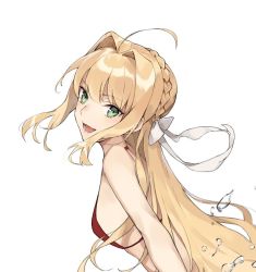 Rule 34 | 10s, 1girl, ahoge, aiko (kanl), alternate breast size, bare shoulders, bikini, blonde hair, braid, fate/extra, fate (series), green eyes, hair intakes, hair ribbon, looking at viewer, nero claudius (fate), nero claudius (fate) (all), nero claudius (swimsuit caster) (fate), open mouth, ribbon, simple background, smile, solo, swimsuit, white background