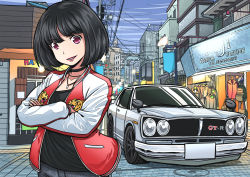 Rule 34 | 1girl, back, black choker, black hair, blue sky, building, car, choker, crossed arms, day, jacket, jewelry, motor vehicle, necklace, nissan gt-r, nissan skyline, nissan skyline c10, nissan skyline gt-r, original, outdoors, parted lips, pink eyes, power lines, shop, sky, smile, solo, standing, vehicle focus, vest, yuyumomentum