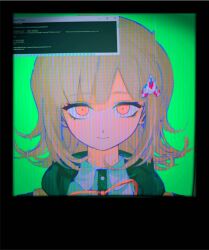 1girl black_shirt brown_eyes brown_hair collared_shirt danganronpa_(series) danganronpa_2:_goodbye_despair galaga green_background looking_at_viewer medium_hair microsoft_windows nanami_chiaki neck_ribbon pink_ribbon portrait ribbon sg_(sallgam) shirt smile solo terminal two-tone_shirt white_shirt windows_10