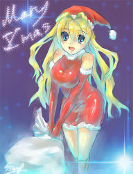 Rule 34 | 1girl, :d, bad anatomy, bobblehat, breasts, christmas, dress, gloves, hat, holding, large breasts, looking at viewer, lowres, open mouth, original, ponytail, red dress, red gloves, sack, santa costume, santa gloves, santa hat, shimaji, shiny clothes, skin tight, smile, solo, text focus