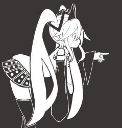 Rule 34 | 1girl, bare shoulders, blush, buriki no dance (vocaloid), crown, detached sleeves, from side, greyscale, hair between eyes, hair ornament, hatsune miku, leaning forward, long hair, looking at viewer, looking to the side, monochrome, necktie, open mouth, pleated skirt, pointing, shirt, skirt, sleeves past fingers, sleeves past wrists, solo, spotted skirt, star-shaped pupils, star (symbol), symbol-shaped pupils, thighhighs, tsunotsuki (uguisu maccha), twintails, very long hair, vocaloid, zettai ryouiki