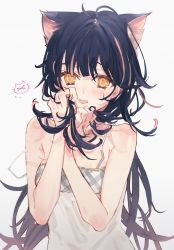 Rule 34 | 1girl, animal ears, black hair, cat ears, hands in hair, highres, looking at viewer, open mouth, original, shia job, solo, white background, yellow eyes
