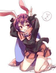 Rule 34 | 1girl, animal ears, black shirt, cloak, full body, isu (is88), kneeling, long sleeves, looking at viewer, open mouth, rabbit ears, rabbit pose, rabbit tail, red eyes, red hair, red skirt, sekibanki, shirt, short hair, simple background, skirt, solo, speech bubble, tail, touhou, white background
