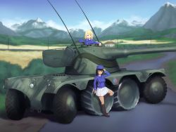 Rule 34 | 2girls, absurdres, adjusting clothes, adjusting headwear, andou (girls und panzer), bc freedom (emblem), bc freedom military uniform, black eyes, black footwear, black hair, blonde hair, blue eyes, blue headwear, blue jacket, blue sky, blue vest, blurry, blurry background, boots, brown eyes, cloud, cloudy sky, commentary, dark-skinned female, dark skin, day, depth of field, dress shirt, ebr 75, emblem, english commentary, foot up, girls und panzer, hat, unworn hat, head rest, unworn headwear, high collar, highres, jacket, kepi, knee boots, light frown, light smile, long sleeves, looking at viewer, medium hair, messy hair, military, military hat, military uniform, military vehicle, miniskirt, motor vehicle, mountain, multiple girls, oshida (girls und panzer), outdoors, pleated skirt, power lines, road, scenery, shadow, shirt, skirt, sky, standing, uniform, vehicle focus, vest, warmcummies, white shirt, white skirt
